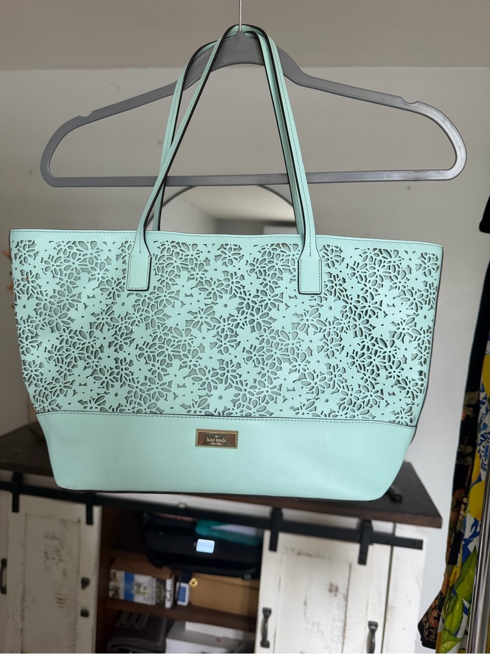 kate spade mint green laser-cut floral tote